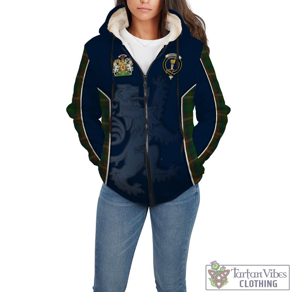 Tartan Vibes Clothing Chisholm Hunting Tartan Sherpa Hoodie with Family Crest and Lion Rampant Vibes Sport Style