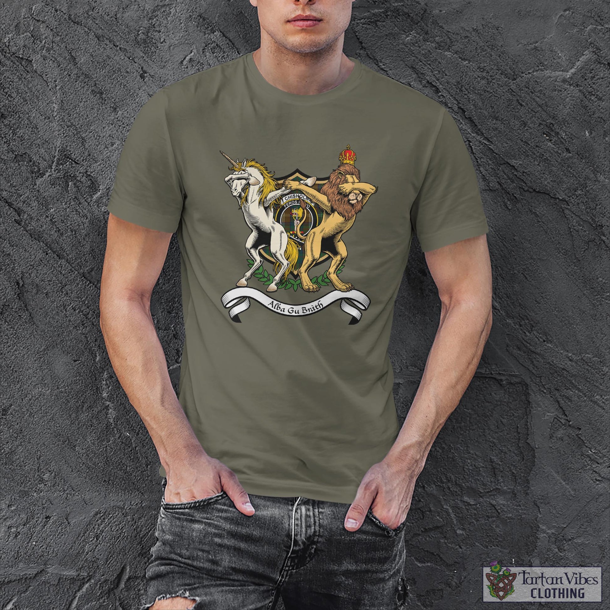 Tartan Vibes Clothing Chisholm Hunting Family Crest Cotton Men's T-Shirt with Scotland Royal Coat Of Arm Funny Style