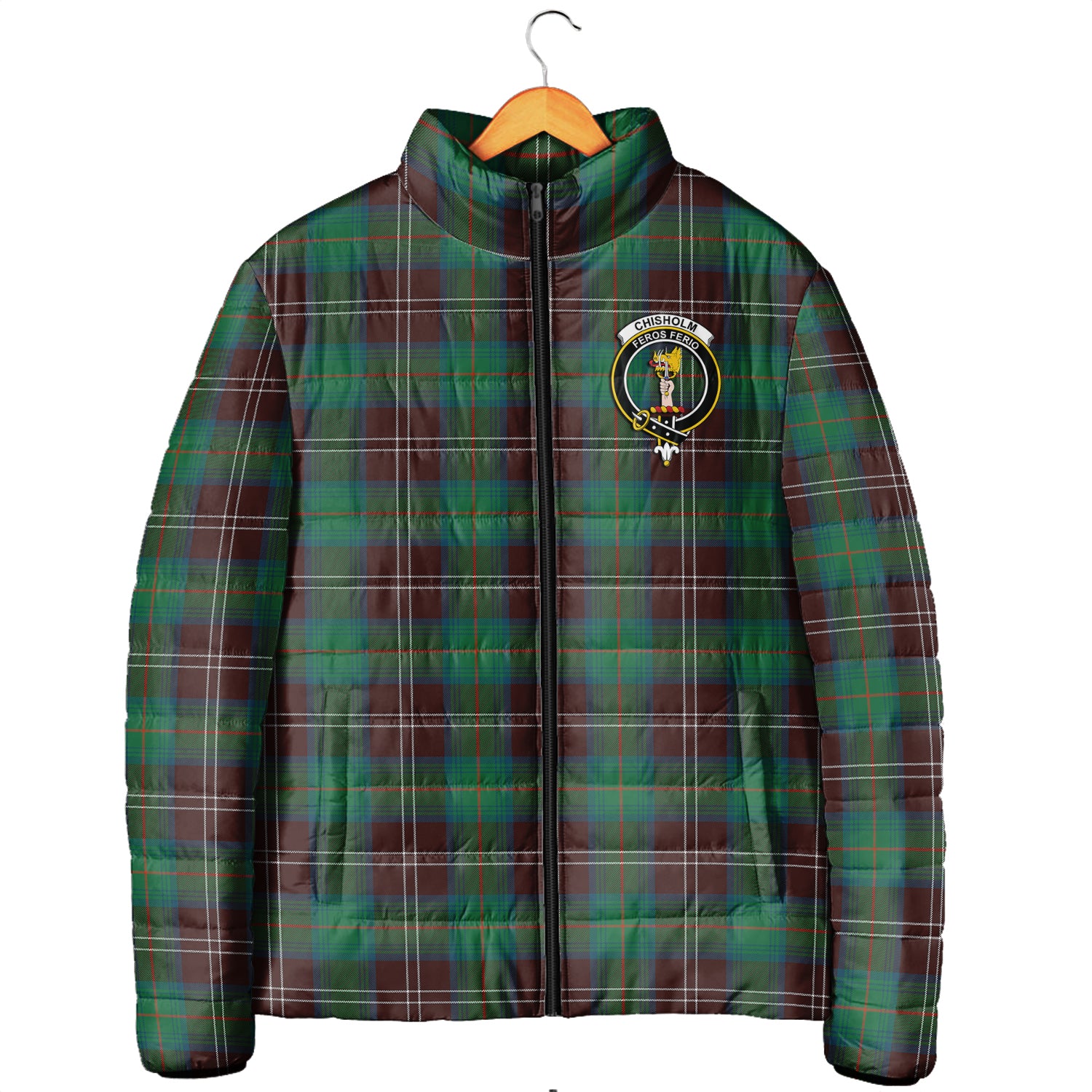 Chisholm Hunting Ancient Tartan Padded Jacket with Family Crest - Tartanvibesclothing
