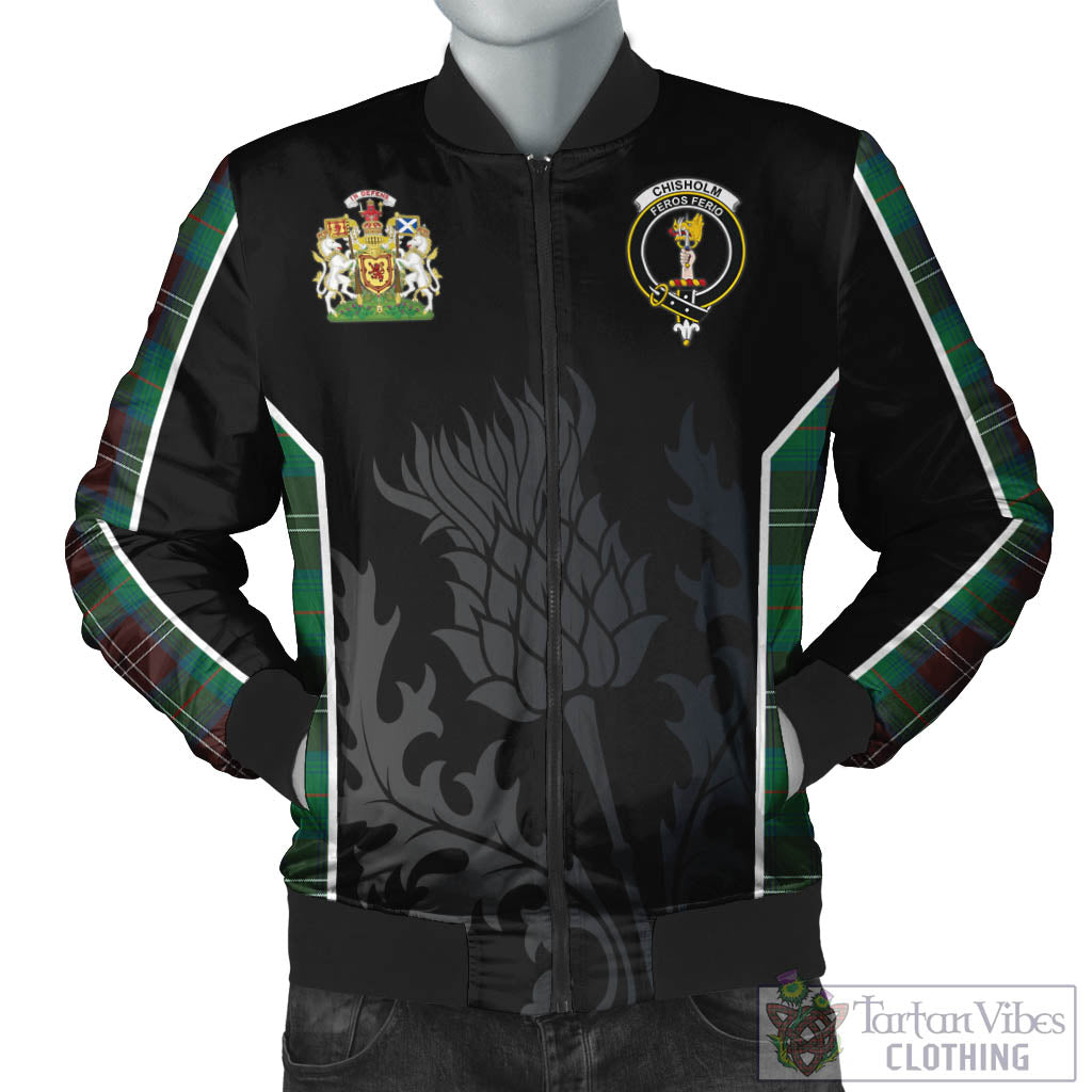 Tartan Vibes Clothing Chisholm Hunting Ancient Tartan Bomber Jacket with Family Crest and Scottish Thistle Vibes Sport Style