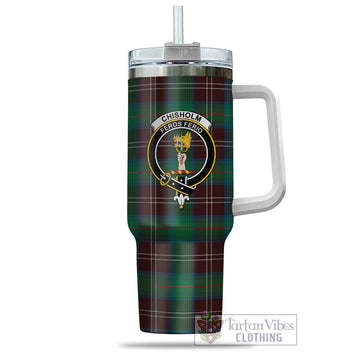 Chisholm Hunting Ancient Tartan and Family Crest Tumbler with Handle