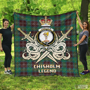 Chisholm Hunting Ancient Tartan Quilt with Clan Crest and the Golden Sword of Courageous Legacy