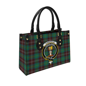 Chisholm Hunting Ancient Tartan Leather Bag with Family Crest