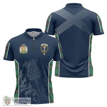 Chisholm Hunting Ancient Tartan Zipper Polo Shirt with Family Crest and Scottish Thistle Vibes Sport Style