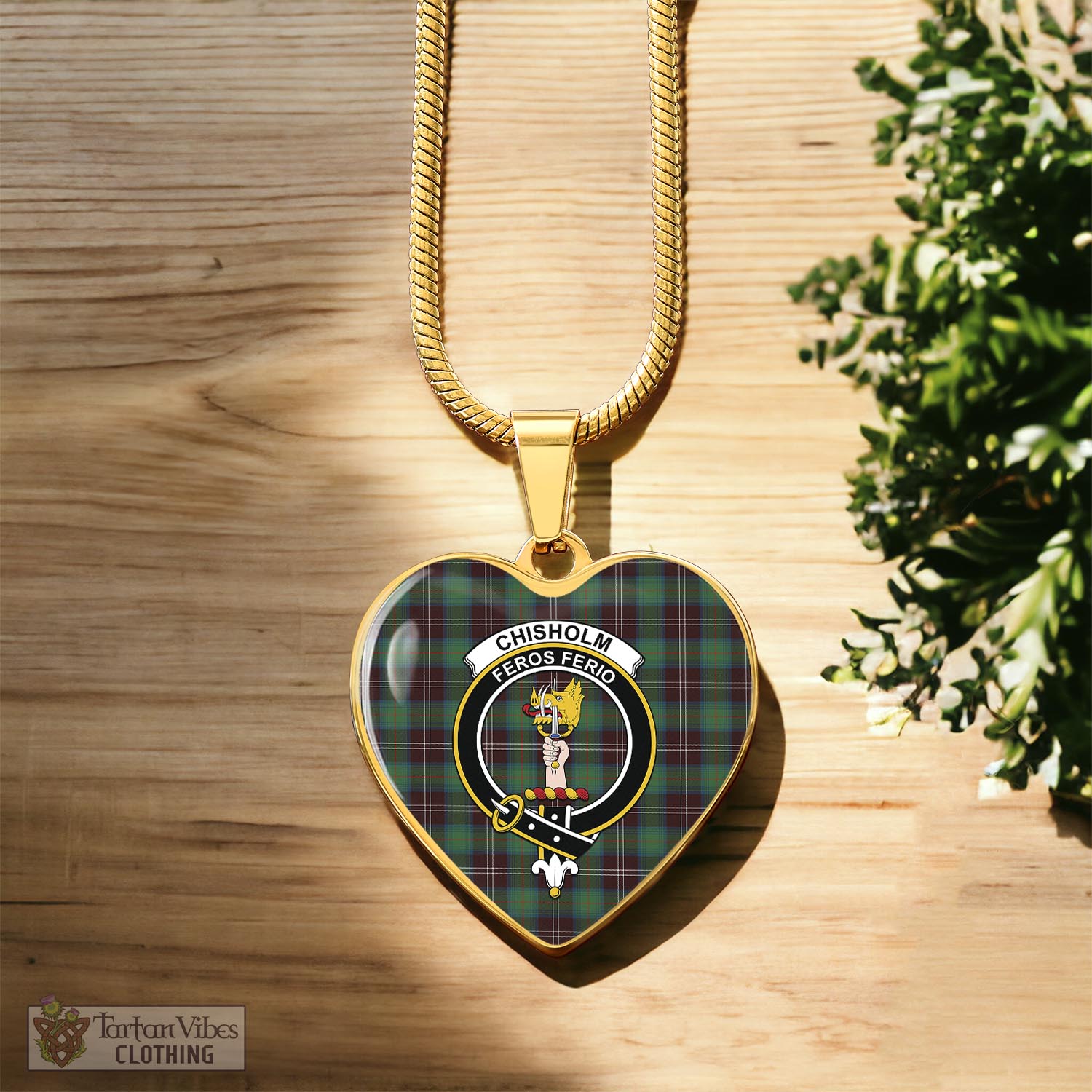 Tartan Vibes Clothing Chisholm Hunting Ancient Tartan Heart Necklace with Family Crest