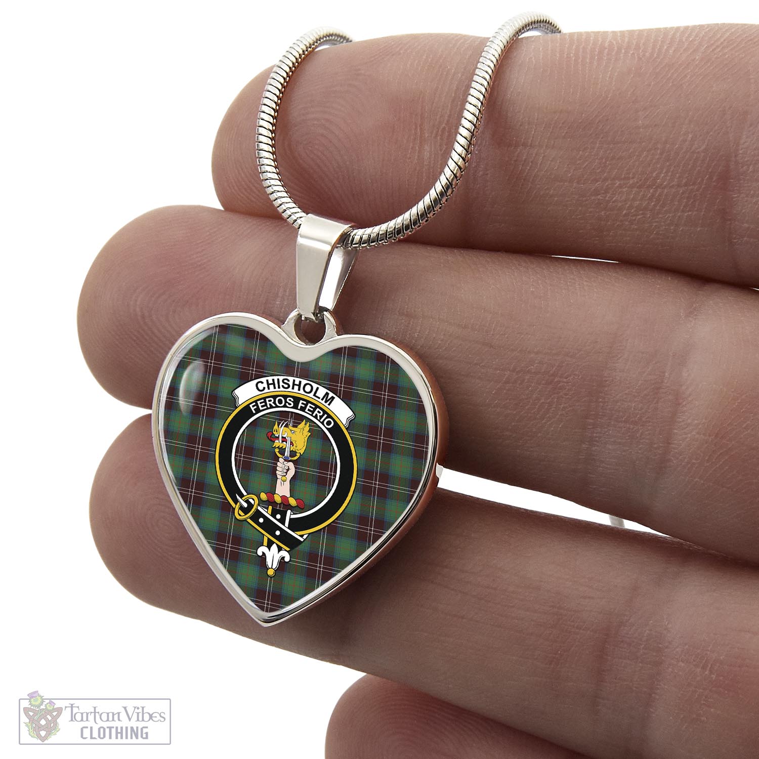 Tartan Vibes Clothing Chisholm Hunting Ancient Tartan Heart Necklace with Family Crest