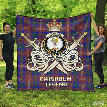 Chisholm Hunting Modern Tartan Quilt with Clan Crest and the Golden Sword of Courageous Legacy