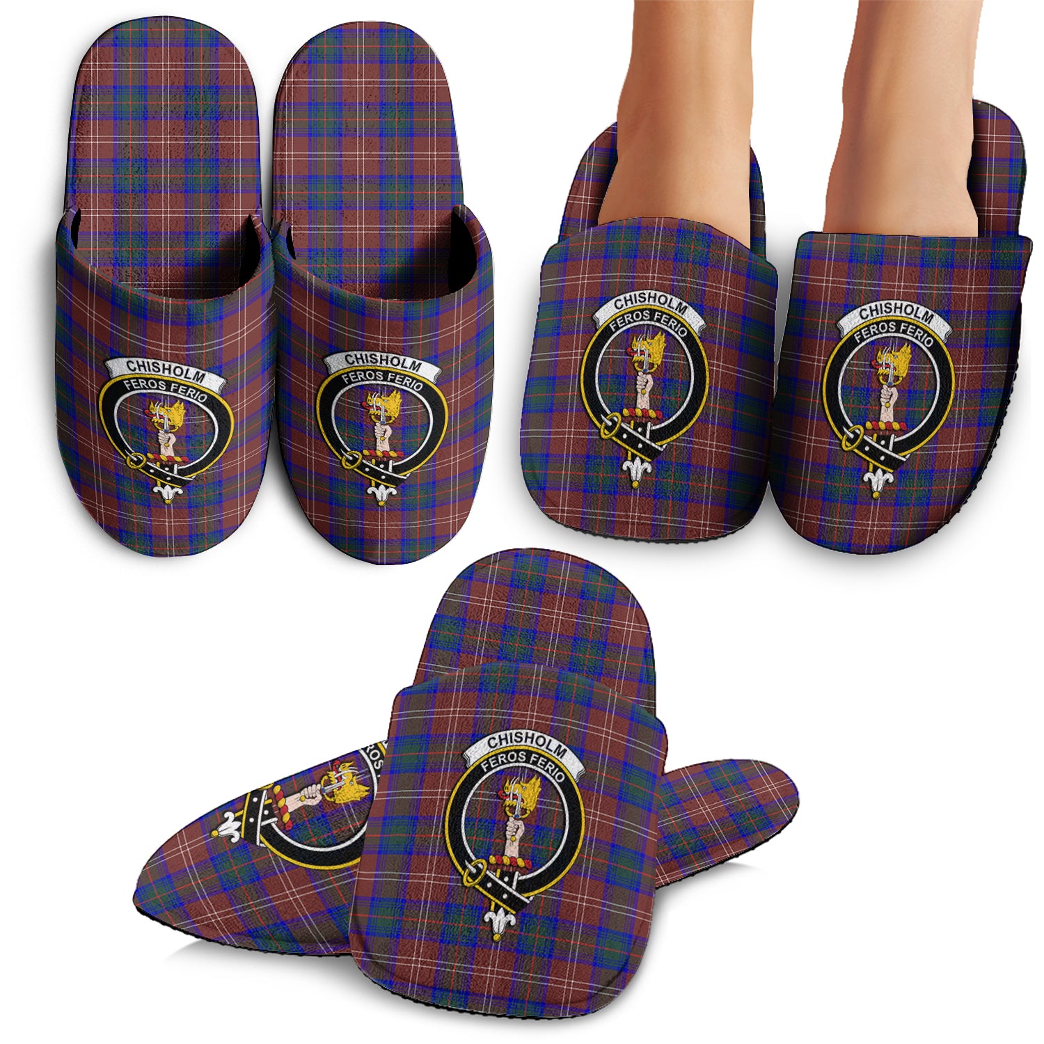 Chisholm Hunting Modern Tartan Home Slippers with Family Crest - Tartanvibesclothing