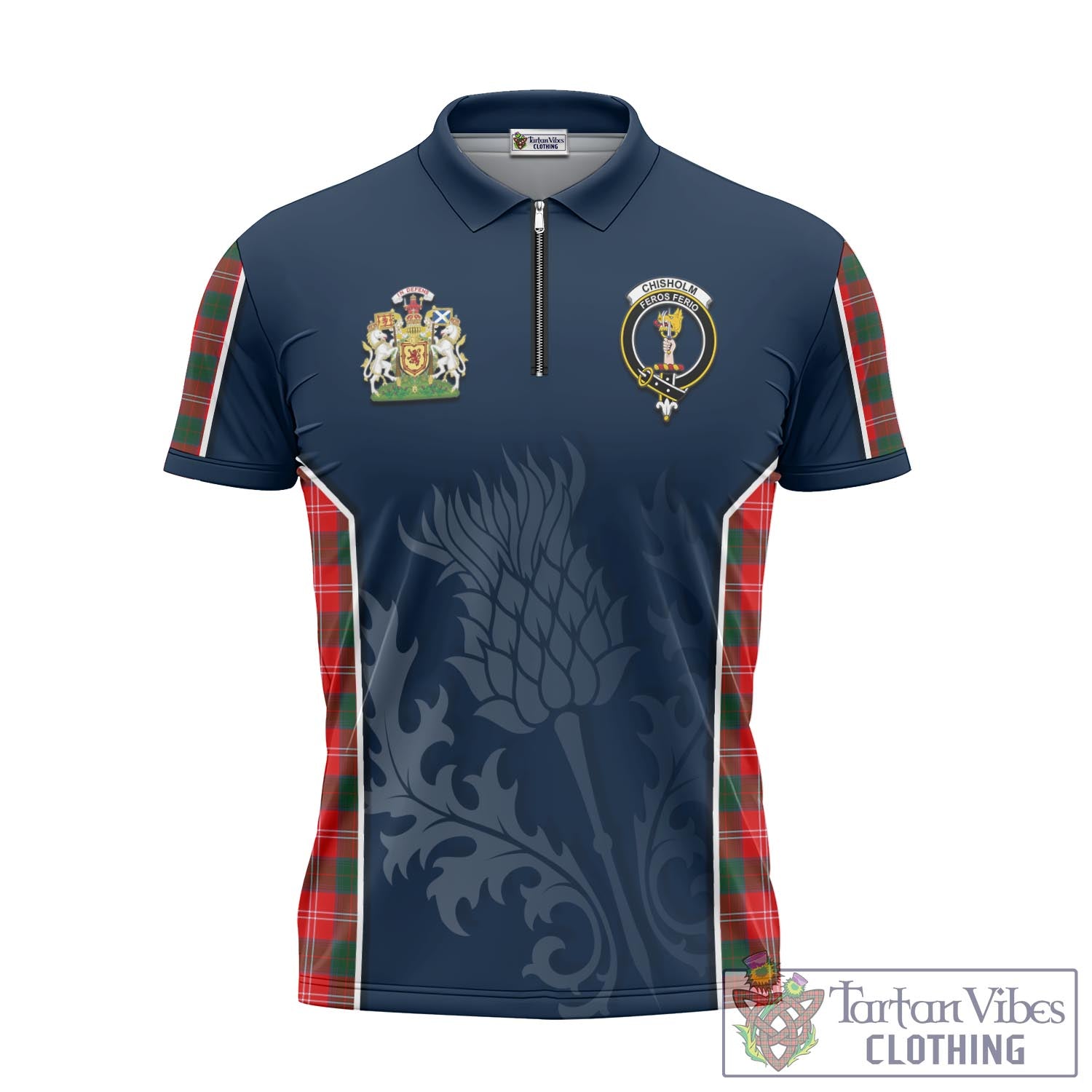 Tartan Vibes Clothing Chisholm Modern Tartan Zipper Polo Shirt with Family Crest and Scottish Thistle Vibes Sport Style