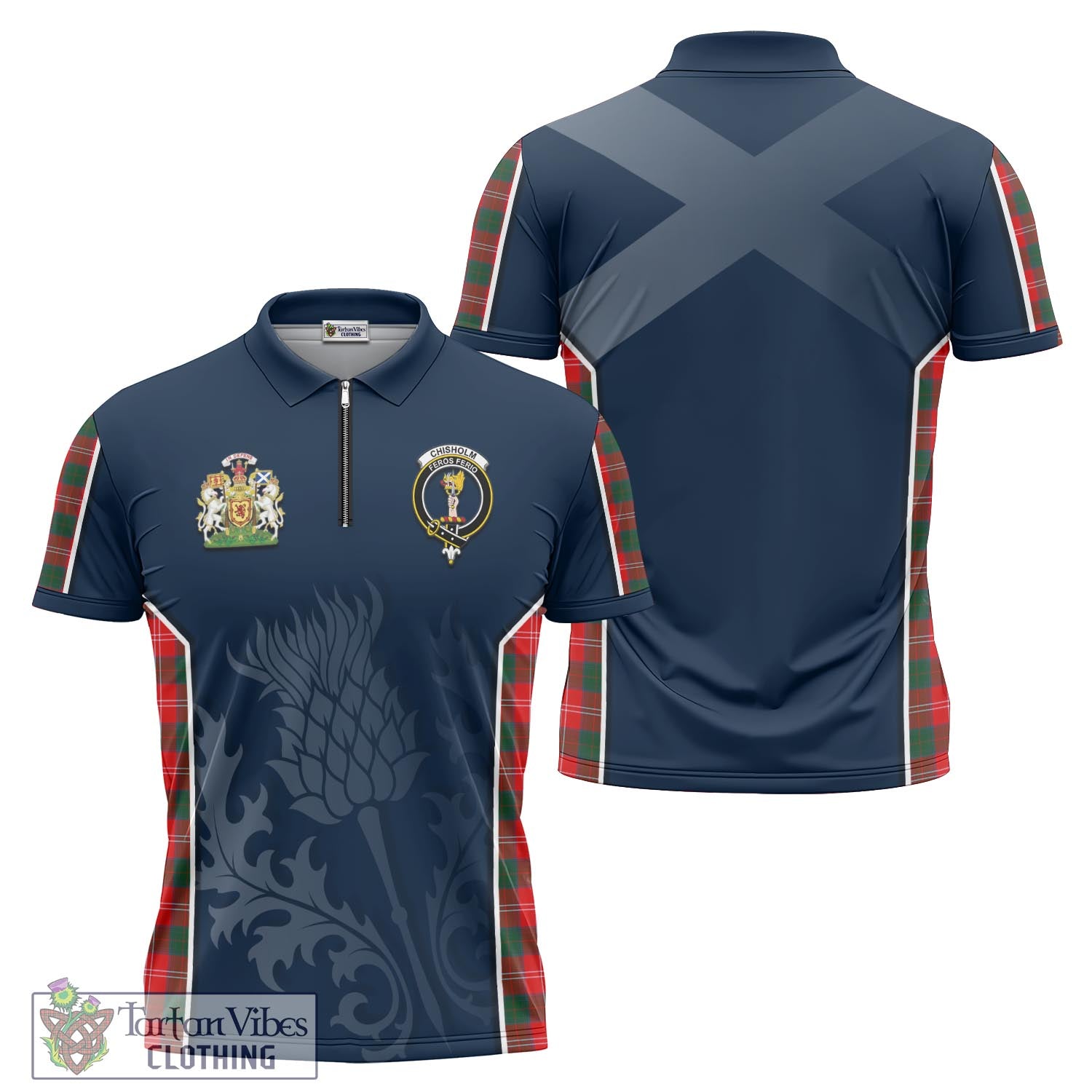 Tartan Vibes Clothing Chisholm Modern Tartan Zipper Polo Shirt with Family Crest and Scottish Thistle Vibes Sport Style