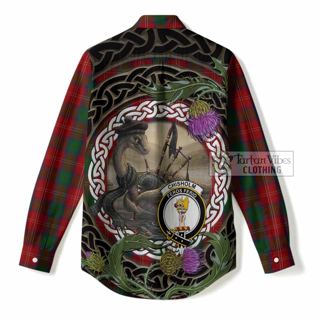 Chisholm Tartan Crest Bagpipe Nessie Women Casual Shirt Scottish Loch Ness Monster Celtic Thistle
