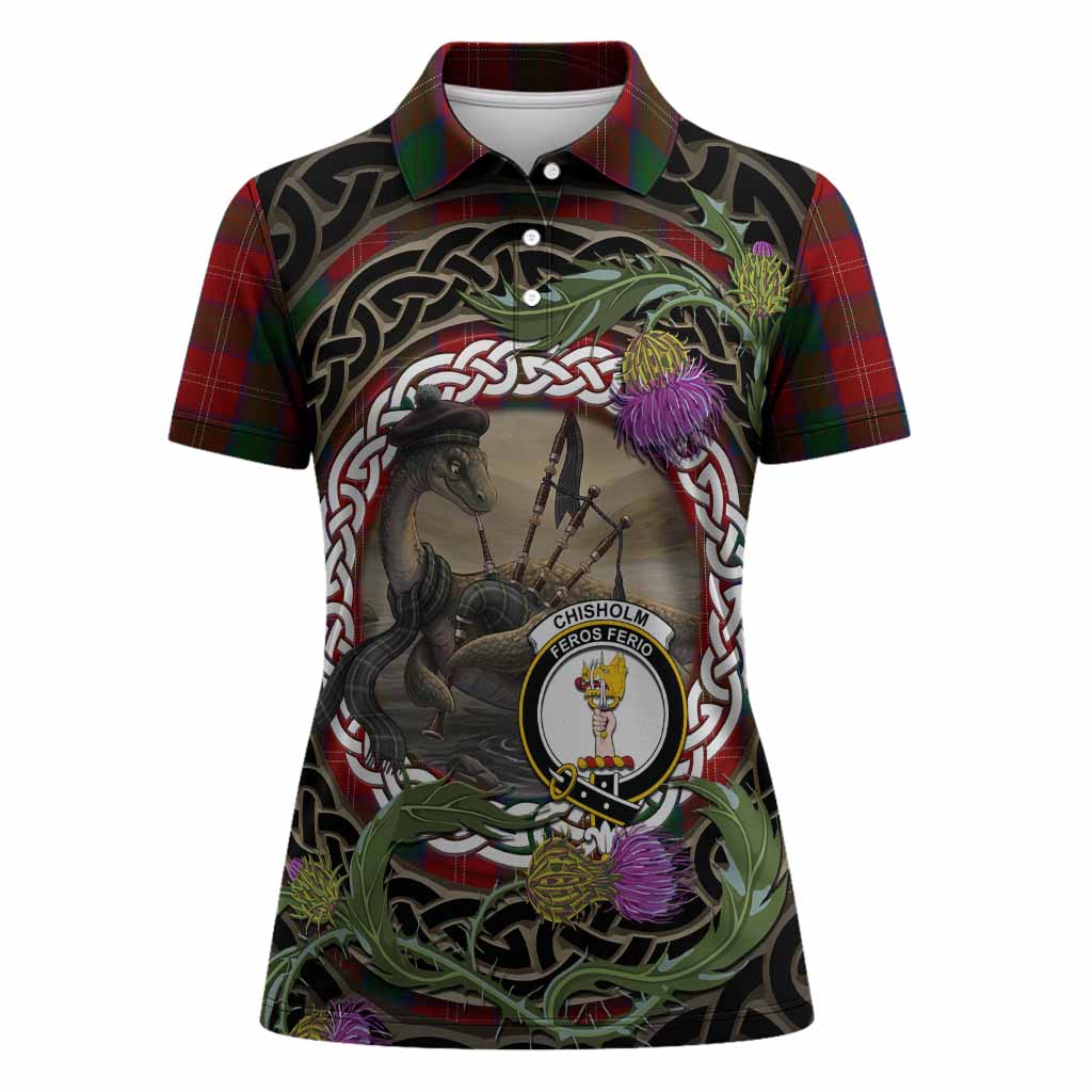 Chisholm Tartan Crest Bagpipe Nessie Women Polo Shirt Scottish Loch Ness Monster Celtic Thistle