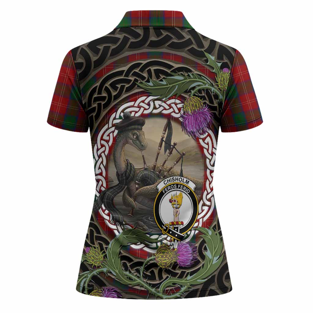 Chisholm Tartan Crest Bagpipe Nessie Women Polo Shirt Scottish Loch Ness Monster Celtic Thistle