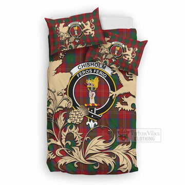 Chisholm Tartan Crest Bedding Set with Scottish Iconic Symbols 