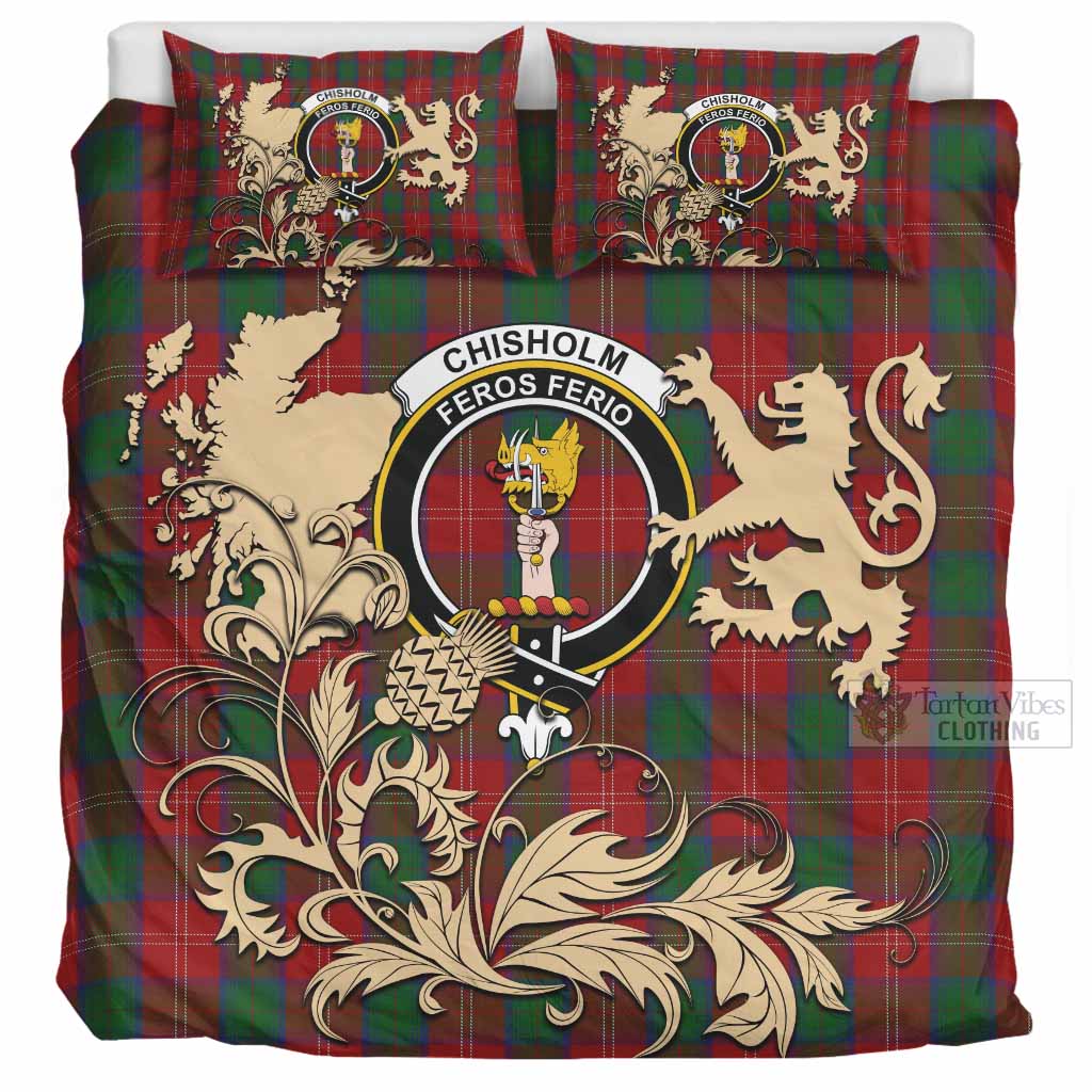 Chisholm Tartan Crest Bedding Set with Scottish Iconic Symbols 