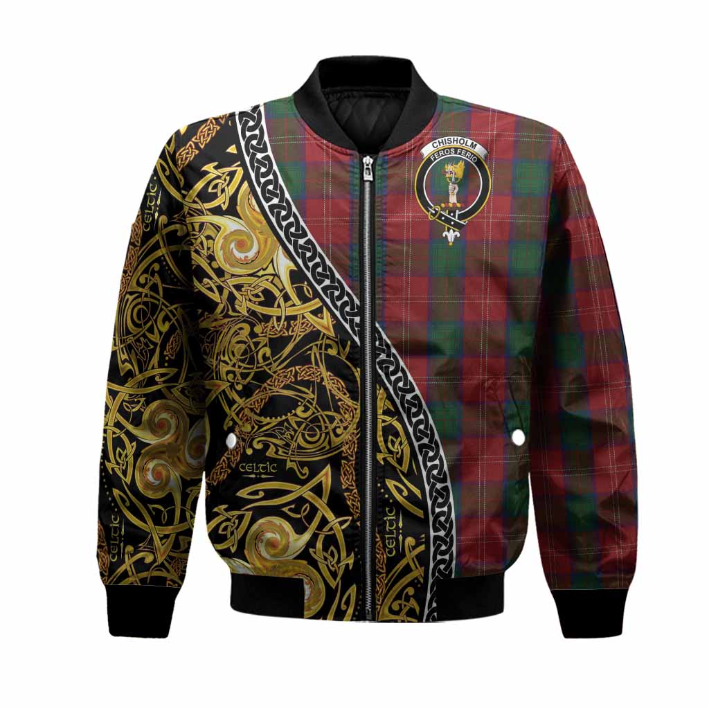 Chisholm Tartan Crest Bomber Jacket Celtic Knot and Triple Trickle Spiral Symbols