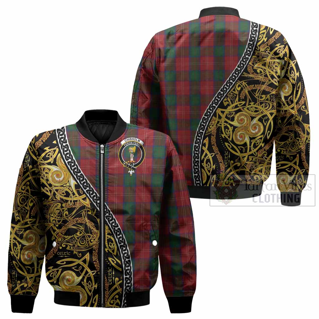 Chisholm Tartan Crest Bomber Jacket Celtic Knot and Triple Trickle Spiral Symbols