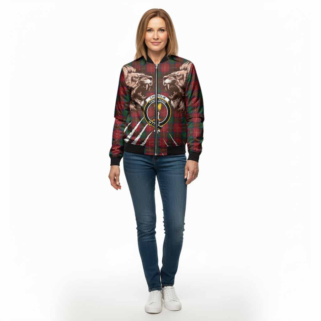 Chisholm Tartan Crest Bomber Jacket Ferocious Lion Style