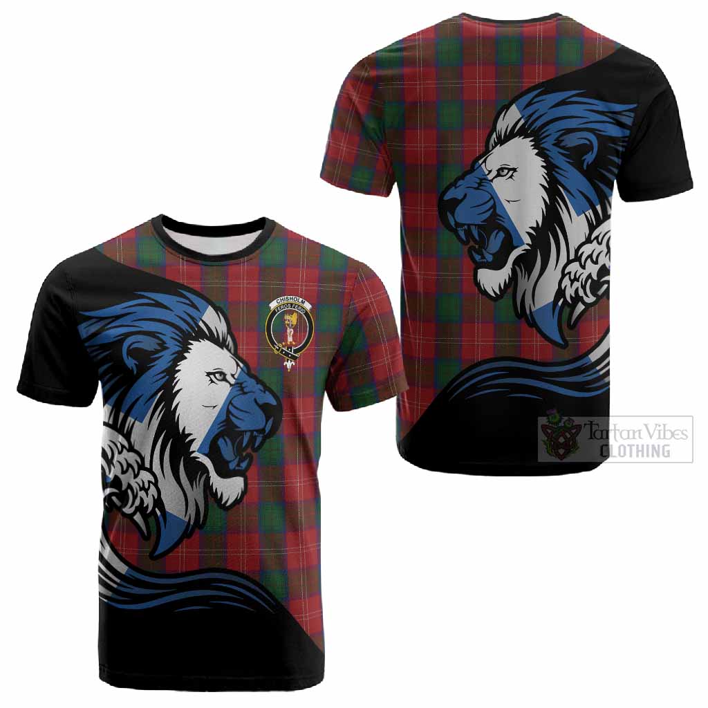 Chisholm Tartan Crest Cotton T-shirt Scottish Golden Lions Wave Flow