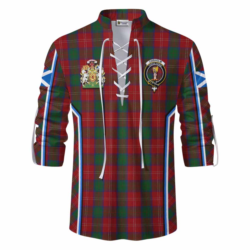 Chisholm Tartan Crest Ghillie Kilt Shirt Scotland Coat of Arm Flag Style - Tartan Vibes Clothing