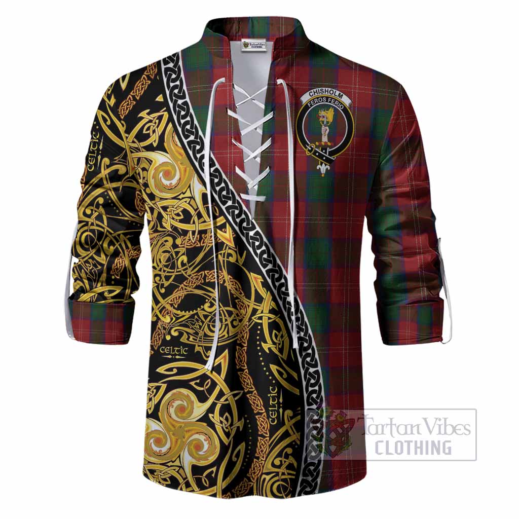 Chisholm Tartan Crest Ghillie Shirt Celtic Knot and Triple Trickle Spiral Symbols