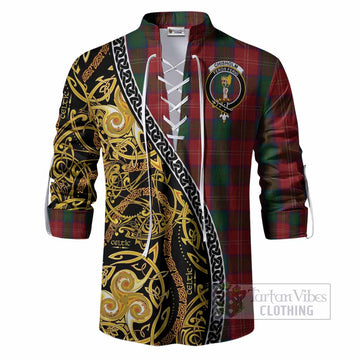 Chisholm Tartan Crest Ghillie Shirt Celtic Knot and Triple Trickle Spiral Symbols