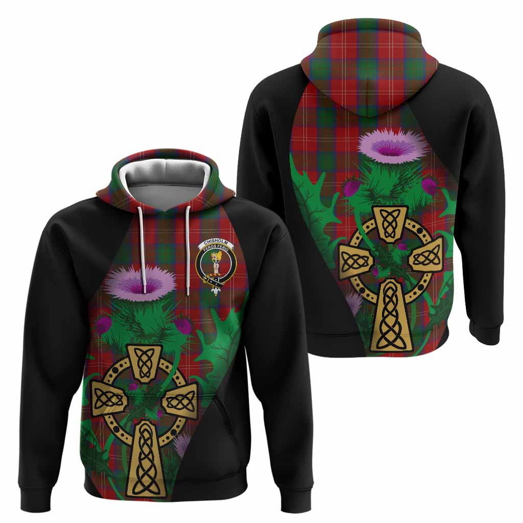 Chisholm Tartan Crest Hoodie Celtic Cross Thistle Flowers