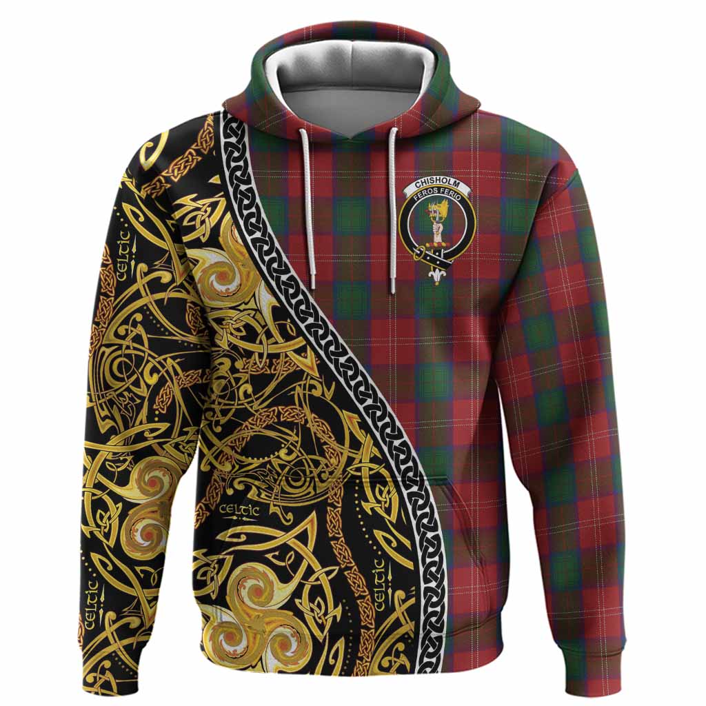 Chisholm Tartan Crest Hoodie Celtic Knot and Triple Trickle Spiral Symbols
