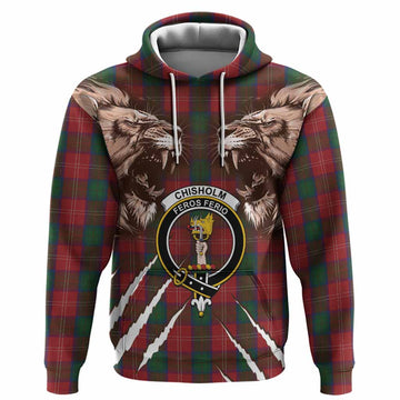 Chisholm Tartan Crest Hoodie Ferocious Lion Style