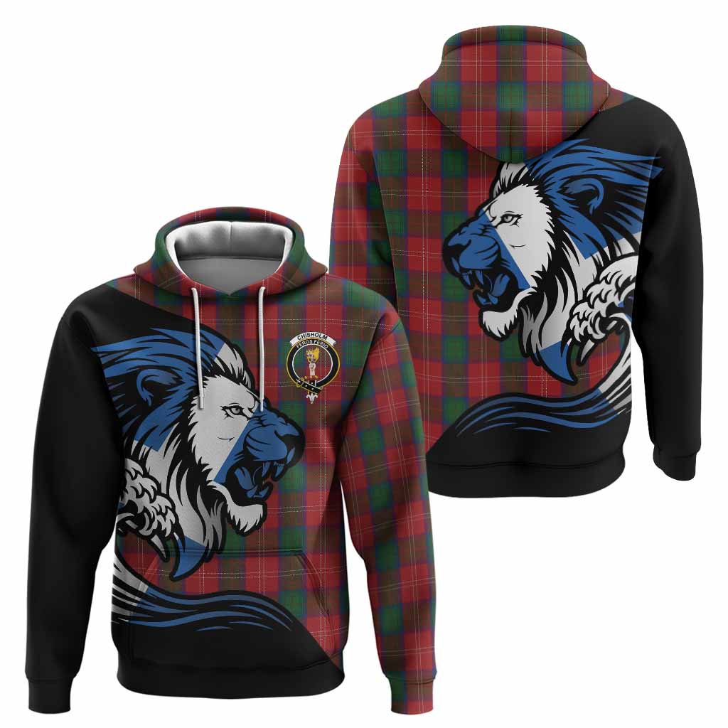 Chisholm Tartan Crest Hoodie Scottish Golden Lions Wave Flow