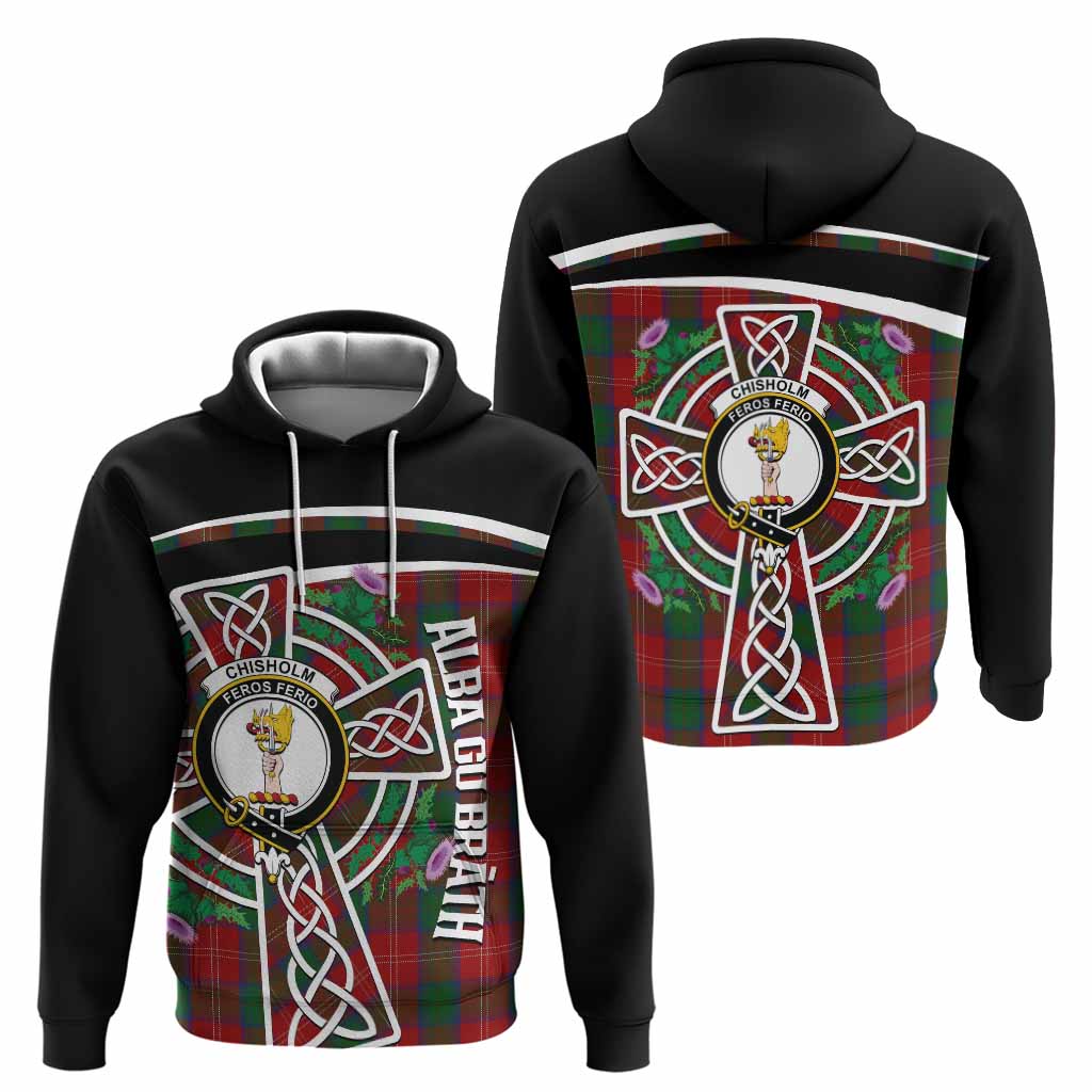 Chisholm Tartan Crest Hoodie Scottish Thistle Celtic Cross Alba Gu Brath