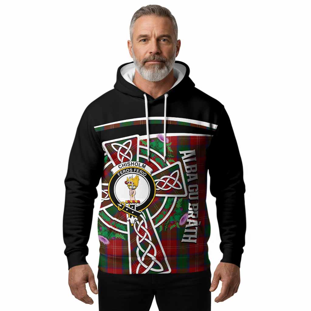 Chisholm Tartan Crest Hoodie Scottish Thistle Celtic Cross Alba Gu Brath
