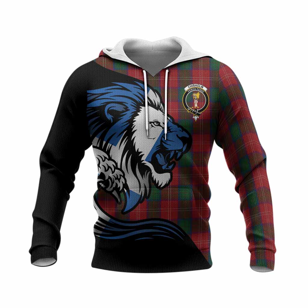 Chisholm Tartan Crest Knitted Hoodie Scottish Golden Lions Wave Flow