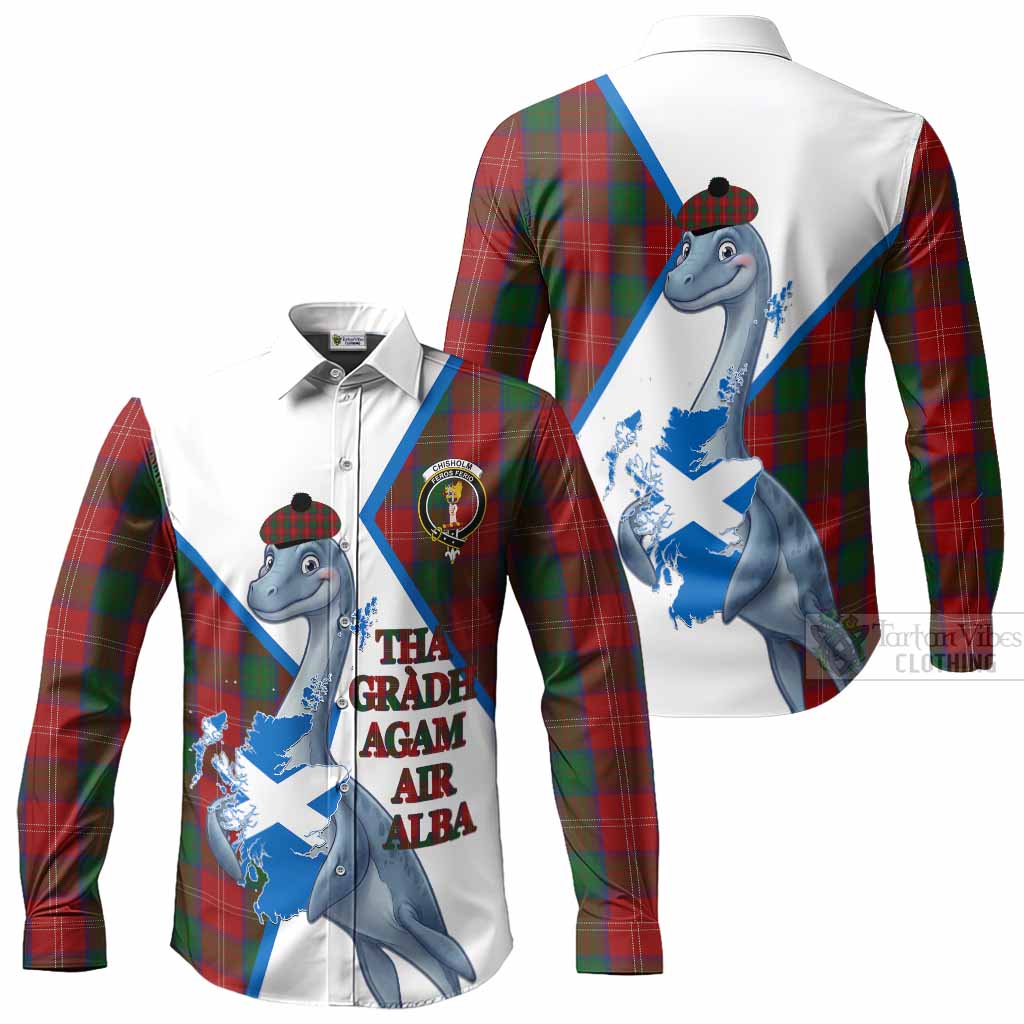 Chisholm Tartan Crest Loch Ness Monster Long Sleeve Button Shirts Nessie Scottish Map Tha Gradh Agam Air Alba