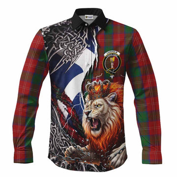 Chisholm Tartan Crest Long Sleeve Button Shirts Heritage Flag Grunge Celtic Knot and Lion Rampant