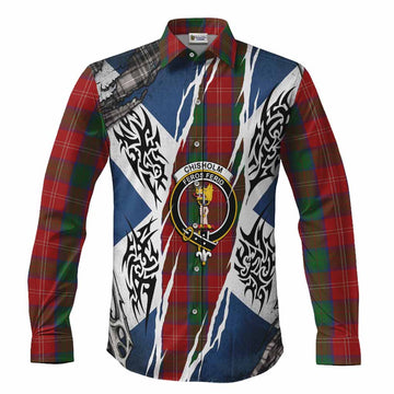 Chisholm Tartan Crest Long Sleeve Button Shirts Scotland Flag Ripped Tribal Design