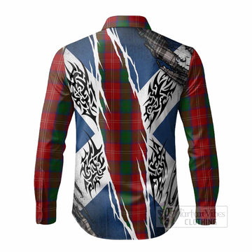 Chisholm Tartan Crest Long Sleeve Button Shirts Scotland Flag Ripped Tribal Design