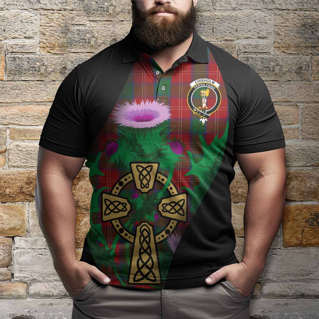 Chisholm Tartan Crest Polo Shirt Celtic Cross Thistle Flowers