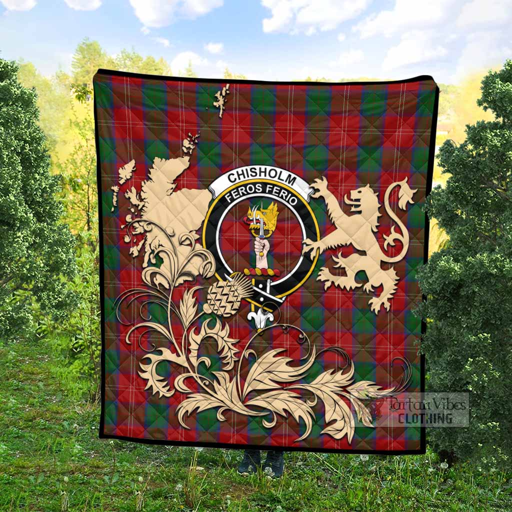 Chisholm Tartan Crest Premium Quilt with Scottish Iconic Symbols 