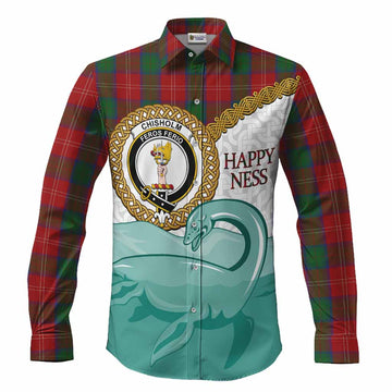 Chisholm Tartan Crest Scottish Loch Ness Monster Long Sleeve Button Shirts Happy Ness Scotland Celtic Knot