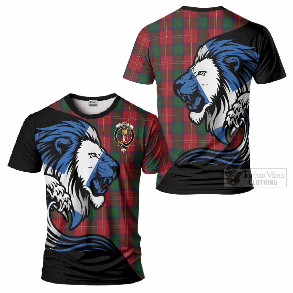 Chisholm Tartan Crest T-Shirt Scottish Golden Lions Wave Flow