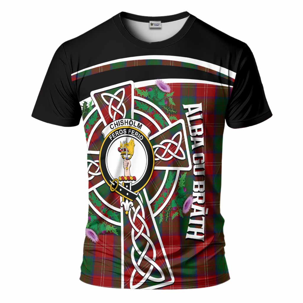 Chisholm Tartan Crest T-Shirt Scottish Thistle Celtic Cross Alba Gu Brath