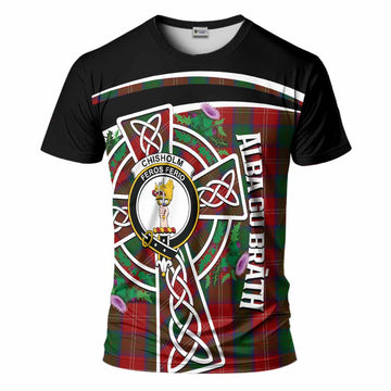 Chisholm Tartan Crest T-Shirt Scottish Thistle Celtic Cross Alba Gu Brath