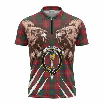 Chisholm Tartan Crest Zipper Polo Shirt Ferocious Lion Style