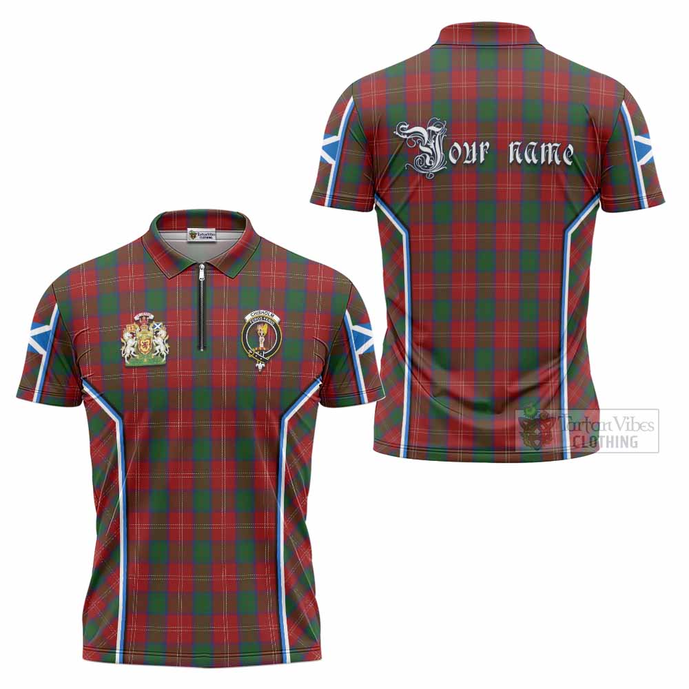 Chisholm Tartan Crest Zipper Polo Shirt Scotland Coat of Arm Flag Style - Tartan Vibes Clothing