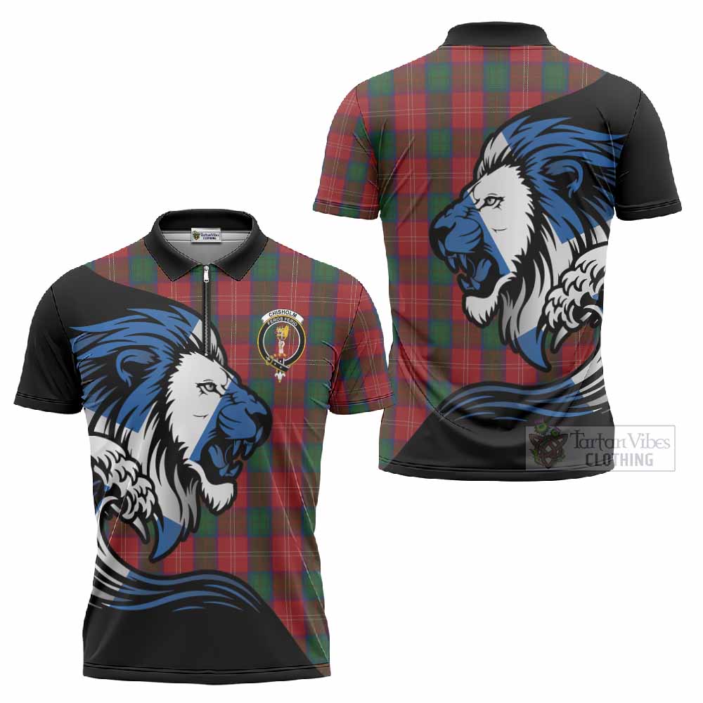 Chisholm Tartan Crest Zipper Polo Shirt Scottish Golden Lions Wave Flow