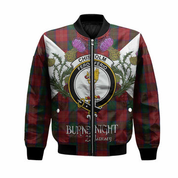 Chisholm Tartan Family Crest Bomber Jacket Scottish Burns Night Thistle Floral