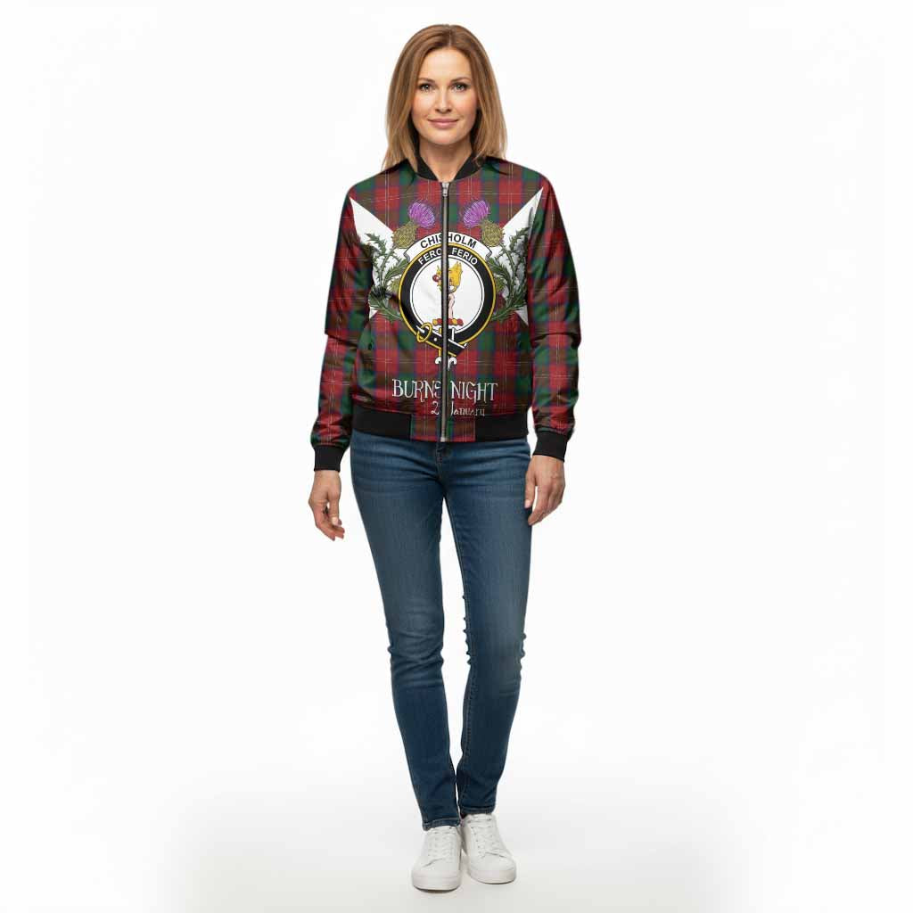Chisholm Tartan Family Crest Bomber Jacket Scottish Burns Night Thistle Floral