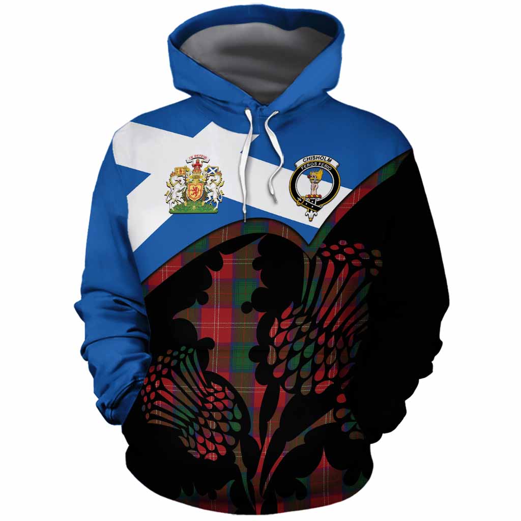 Chisholm Tartan Family Crest Cotton Hoodie Scotland Thistle Floral Flag Style