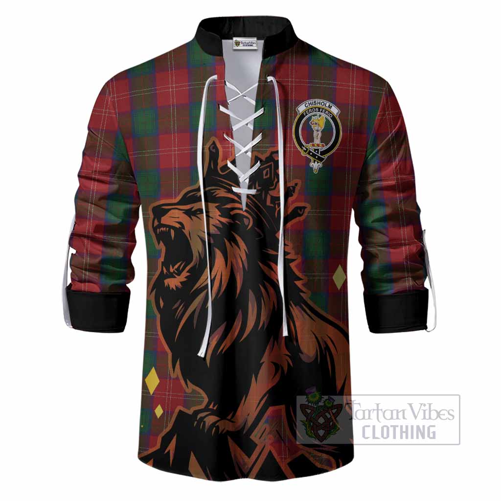 Chisholm Tartan Family Crest Ghillie Shirt Crowned Lion Roaring